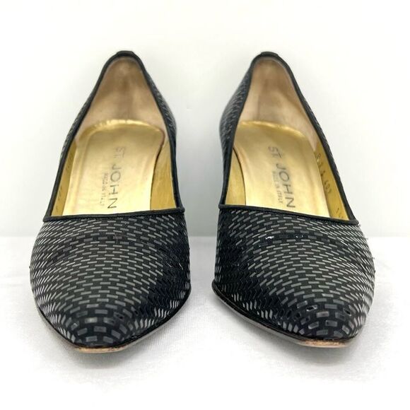 St. John Black Satin Paillettes Made in Italy Pointed Toe Narrow Heel Pumps 7B - Picture 3 of 13